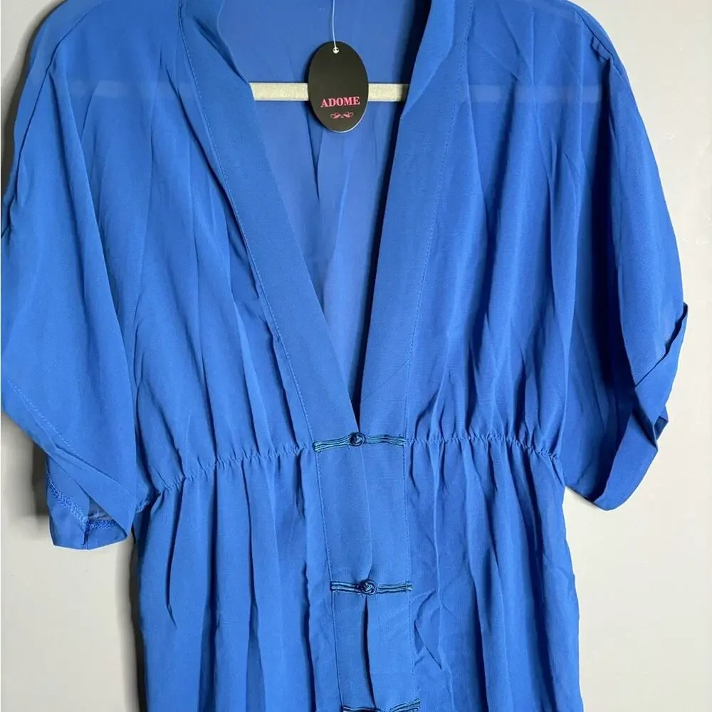 Adome Dark Blue Short Sleeve Sheer Kimono Robe Fabric Buttoned Front Large